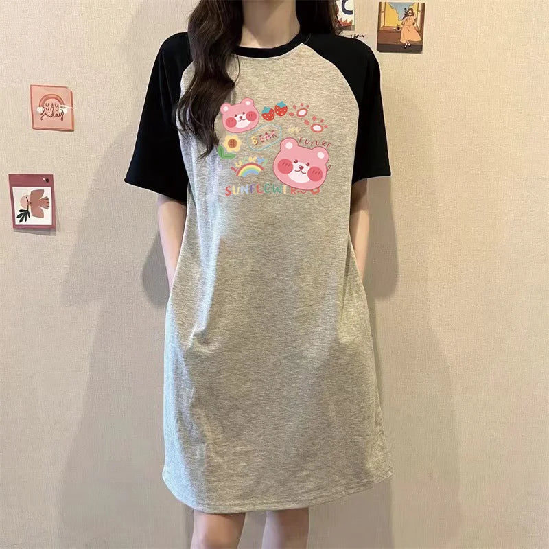 Summer Japanese Popular Cartoon Strawberry Bear Print Dress